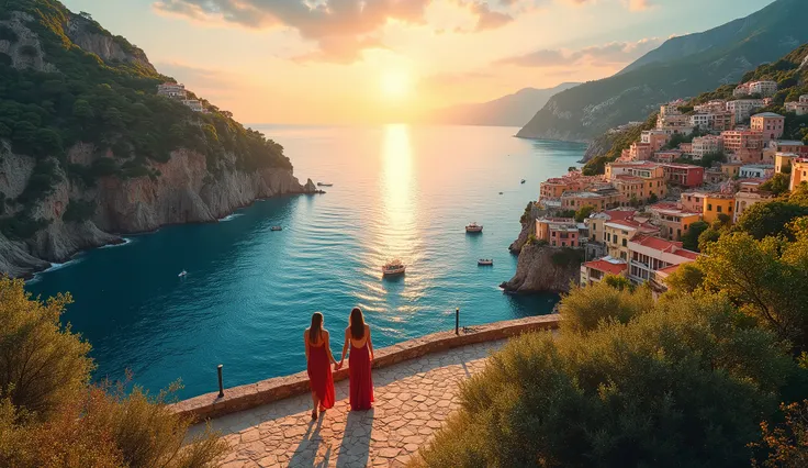 blue coast of italy, italian coastal landscape, Representative photo of this beautiful tourist landscape, magic, masterpiece, picture, awarded for her beauty, bright and harmonious colors, Sunset, 32K, couples on the embankment 