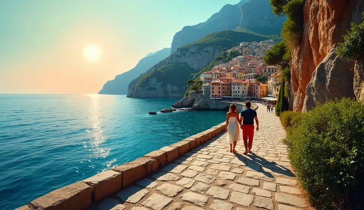 blue coast of italy, italian coastal landscape, Representative photo of this beautiful tourist landscape, magic, masterpiece, picture, awarded for her beauty, bright and harmonious colors, Sunset, 32K, couples on the embankment 