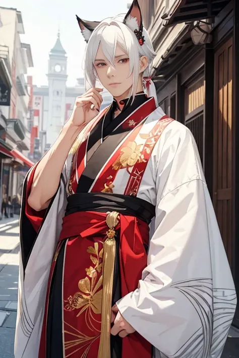 ((The best quality)), ((masterpiece)), (detailed), man with white hair long to the waist, red eyes, white cat ears, white and gold kimono, ears covered by hair
