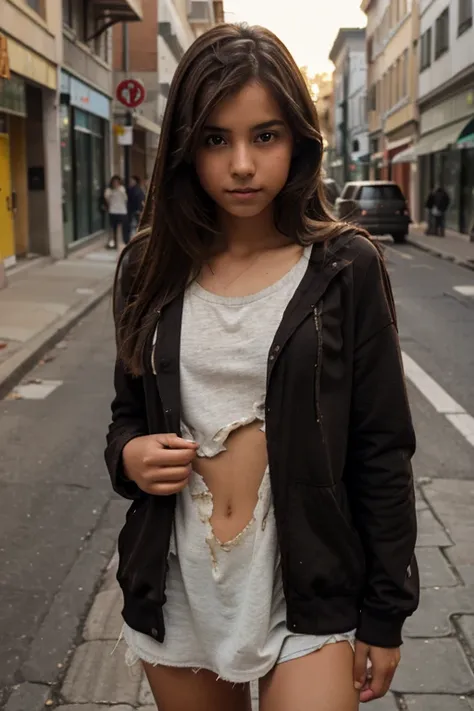 1 teenager, with brown hair, little clothes, suja, in the street, with torn clothes