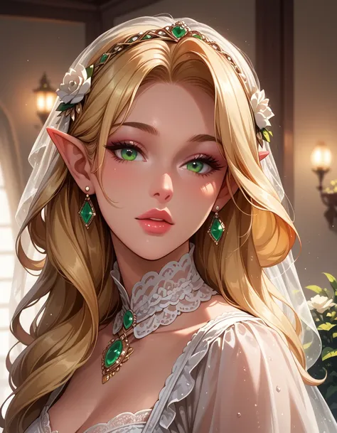 elf, black skin, drow, 1880s adult Victorian wife mother with long blonde hair worn out and full, wearing light clothes, full lips and a soft face and large green eyes, score_9, score_8_up, score_7_up