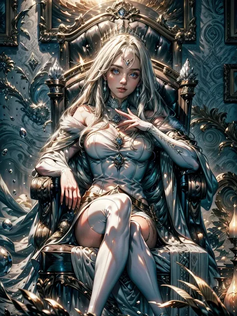 Emma Frost the White Queen is sitting in a luxurious armchair, living room of an extremely luxurious mansion, artistic paintings on the wall, artistic and luxurious columns.