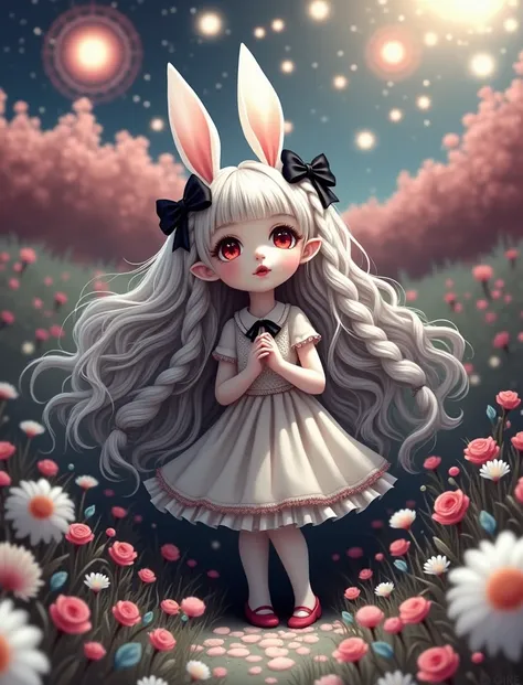 Cute little young girl with white skin, big red eyes, long white fluffy hair(with a big black hairbows and stylish hair decorated in a braid) with white rabbit ears, wearing a white frilly dress, looking at the sky,Standing in the glass field with cute col...