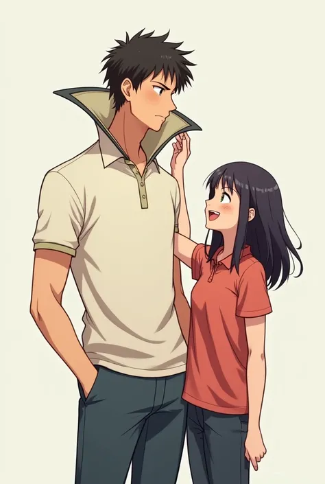 Anime Man wearing a Massive Popped Collar Polo with his girlfriend putting her arms around his collar and popping his Massive Popped polo collar up for him now its so high its taller than his head 