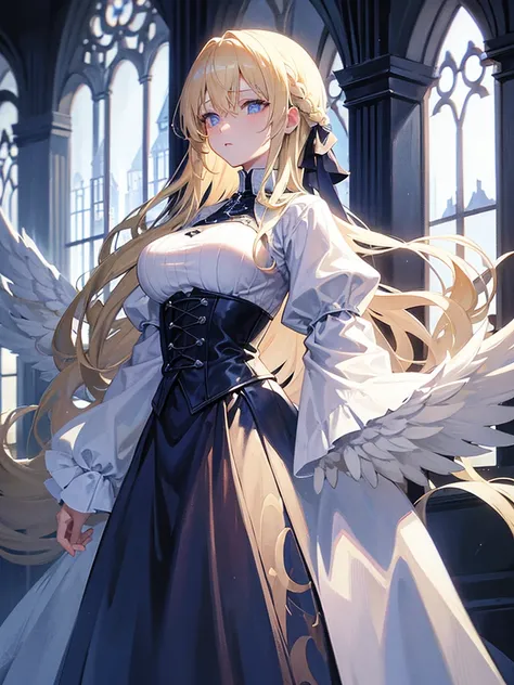 Light blonde hair , It has white wings. , Blue eyes , Big Breasts , Wearing gothic clothes , Cold face , Arrogant eyes , Located in a medieval house with windows , Anime style images