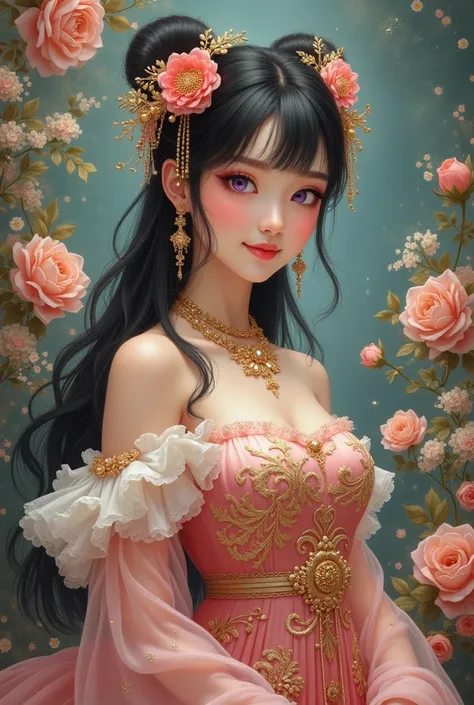 A masterpiece of Neo-Rococo art, featuring a beautiful, charming, busty intellectual girl with moderately sized breasts. She looks at the viewer with a smile, her long black hair adorned with hair accessories and flowers, forming a double bun. Bright and l...