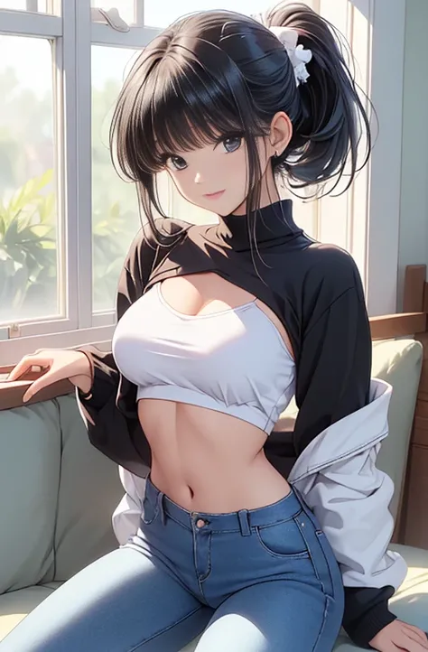 masterpiece, Best Quality, Very detailed, Ultra-high resolution, Idol Accelerator, 1 girl, Alone, Perfect body, Hair Accessories, Glossy lips, Medium bust, Diaphragm, Long jeans, White panties, lift, White jacket, Black inner shirt, ponytail, Put your hand...