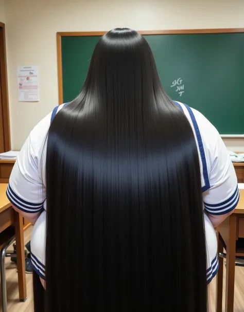 8k,Highest quality, masterpiece, Ultra-high resolution,(masterpiece:1.6, Highest quality), Intricate details, full body, ((from behind:1.5)),top of head, japanese milf, 50 year old,((Absurdly Long hair:1.5)), (( jet Black hair:1.3)), ((A huge amount of bla...