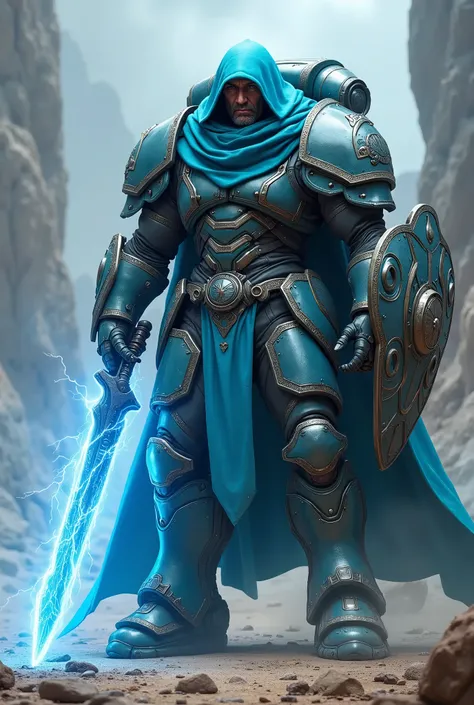 make an image of a Space Marine man in a Cyan colored hood with an electric sword with blue lightning and a shield