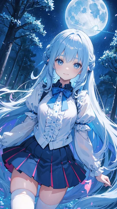 ,dynamic angle、 in the magical forest, a mysterious fairy girl appears, light blue long hair、twin tails、adorable smile、the moonl...