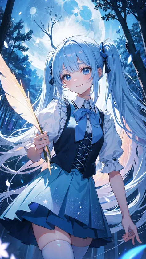 ,Dynamic Angle、 In the magical forest, A mysterious fairy girl appears, Light blue long hair、Twin tails、Adorable smile、The moonlight shines brightly. Her skirt, Woven with petals and stardust, Iridescent, Flowering Tree々Flapping among the glowing fireflies...