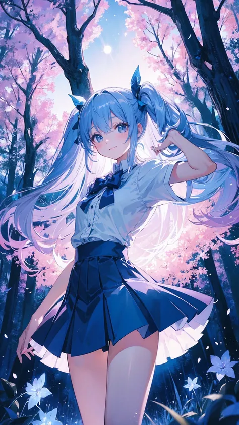 ,Dynamic Angle、 In the magical forest, A mysterious fairy girl appears, Light blue long hair、Twin tails、Adorable smile、The moonlight shines brightly. Her skirt, Woven with petals and stardust, Iridescent, Flowering Tree々Flapping among the glowing fireflies...