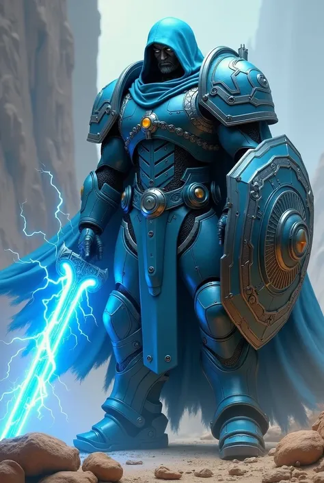 make an image of a Space Marine man in a Cyan colored hood with an electric sword with blue lightning and a shield