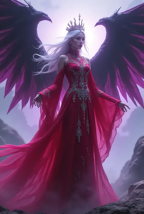 A white-haired queen in a red Chinese dress, with black wings and a purple aura surrounding her body.. Mid-range image, 4K clarity image,action sci-fi,Best quality, Glow, 