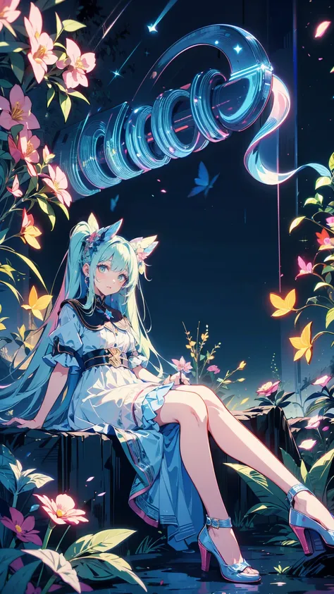 ,dynamic angle、 in the magical forest, a mysterious fairy girl appears, light blue long hair、twin tails、adorable smile、the moonl...