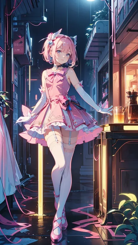 (Highly detailed eyes), (((Fabric Shading))), (((Please redeem))), (((Tabletop))), (((Super fine CG))), Written boundary depth, Age 15, (((Magical Girl))), (small), (small breasts), Pink Hair, ((short hair)), Pink Eyes, (((Pink satin dress, Sleeveless sati...