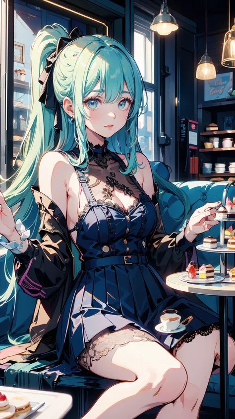 High resolution、detailed background、Beautiful Face、Beautiful, smooth skin、Skin Texture、cute10代の美少女、Realistic、Perfect body line、Braided ponytail、cute髪型、Quiet atmosphere、Happy expression、Upper Body、Tea time at the cafe、(Enjoy cakes and sweets while chatting ...