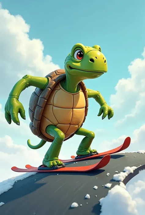 humor, caricature, animation style by David Cherkassky, masterpiece; turtle on skis on asphalt path climbs uphill