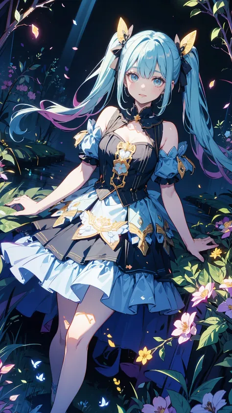 ,dynamic angle、 in the magical forest, a mysterious fairy girl appears, light blue long hair、twin tails、adorable smile、the moonl...