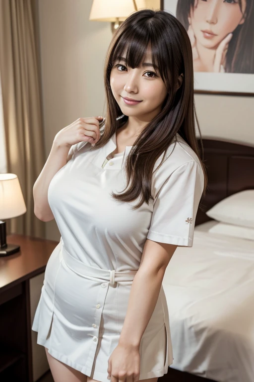 Draw in detail，Best Quality，8k，Japanese，Woman in her 30s，Married Woman，Brown long hair，She has her bangs down，Big Breasts，Sloppy body，Big Butt，Chubby，A gentle face，Droopy eyes，Thighs，Wearing school uniform，Standing in a hotel room，A smile mixed with embarr...