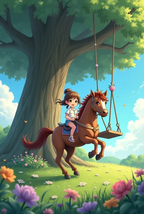 A girl rides a horse, the swing is attached to a large oak tree, flowers around, Anime style 