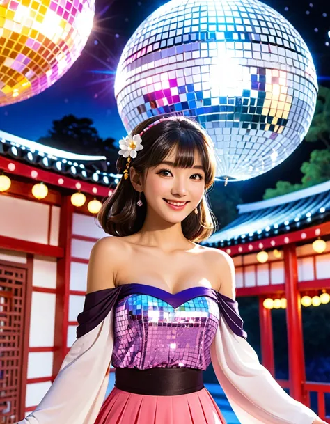 dynamic angle, absurdres, (best quality, masterpiece),(close up face), smile, [shrine maiden:disco girl:0.5], The grounds of the Disco Shrine are a lively space with colorful lights flashing and music resonating throughout. A large disco ball hangs in the ...