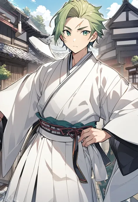 a 19 year old japanese male with white fringe hair and green eyes and a scar on left eyebrow well built body in white old japanese dress in anime style background of a village with the hair of satoru gojo from jjk