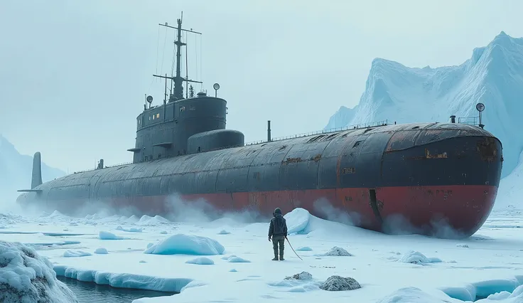 An old and rusty submarine from the Cold War, stranded in the ice of the North Pole, very detailed background, masterpiece, The best quality, masterpiece, best aesthetics, zero two, Science Fiction