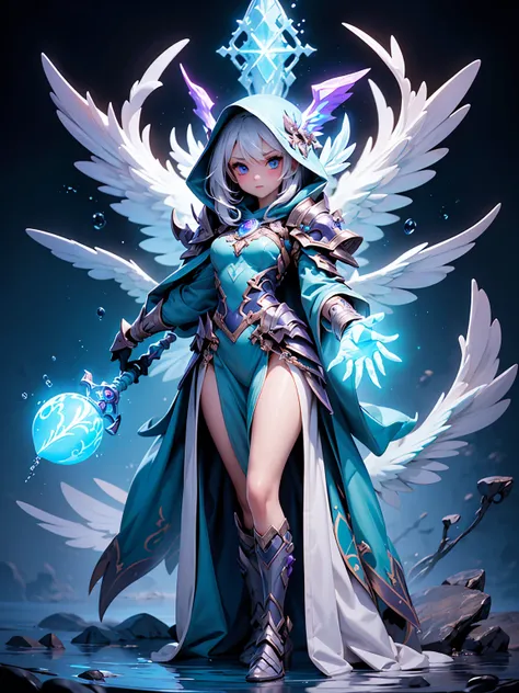 (((masterpiece, best quality, high detailed, 8k))) full-body shot of a hooded girl with a perfect face, standing on a reflective ground. She is holding a source of blue and purple light energy, with many particles surrounding her. The environment is dark a...