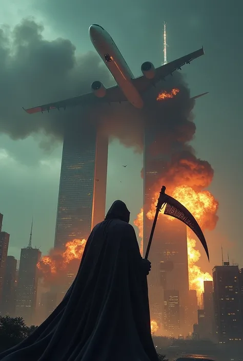 Large plane crashing into the World Trade Center Twin Towers and an explosion and next to it a man in a black cape and a scythe flying and watching and the weather is cloudy and with lightning 