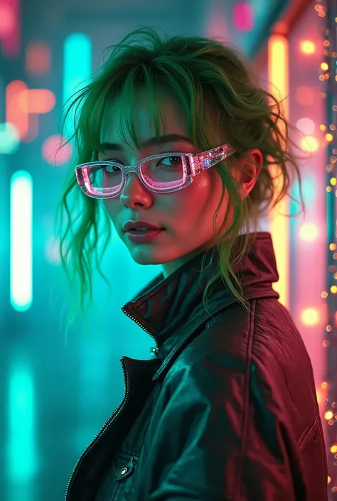 Female Hologram Thief, sci-fi, 8k, high quality, beautiful, vibrant colors, cyberpunk, protective glasses, GREEN HAIR AND SMILING, rainbow circuits bokeh background, 