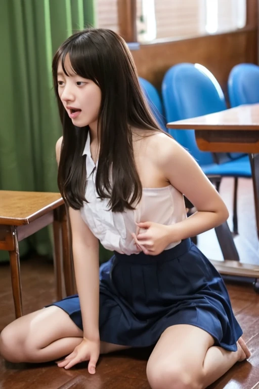 Sensual junior high school girl、orgasm、ecstasy、Pleasurable climax、Very troublesome、Squat、wide legs、I hold my crotch, throbbing with pleasure, with both hands.、Completely naked、Physically immature