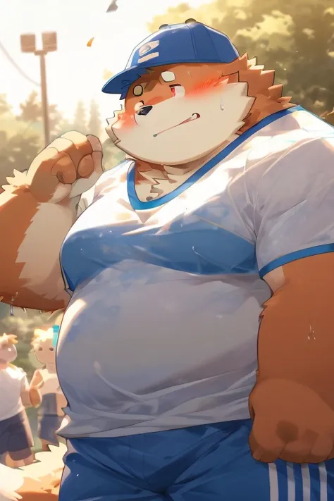 fox，obese, child, red eyes, blue baseball cap, white tanktop shirt, blue shorts, in a park, playing football, sweating, blushing...