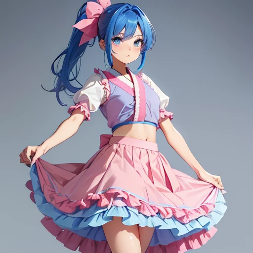 a petite teenage fem boy  with blue hair in a ponytail, blue eyes, wearing a pink hakama , silky badminton uniform with light pink very frilly Halter-Neck feminine blouse and a short pink feminine frilly skirt, revealing and bold pose, full body shot, femi...