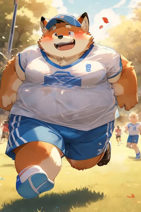 Fox，obese, child, red eyes, blue baseball cap, white tanktop shirt, blue shorts, in a park, playing soccer, running, bouncing belly, bouncing pectorals, sweating, blushing, noticeably tired, trying to smile, happy face, sweaty shirt, stained shirt, detaile...