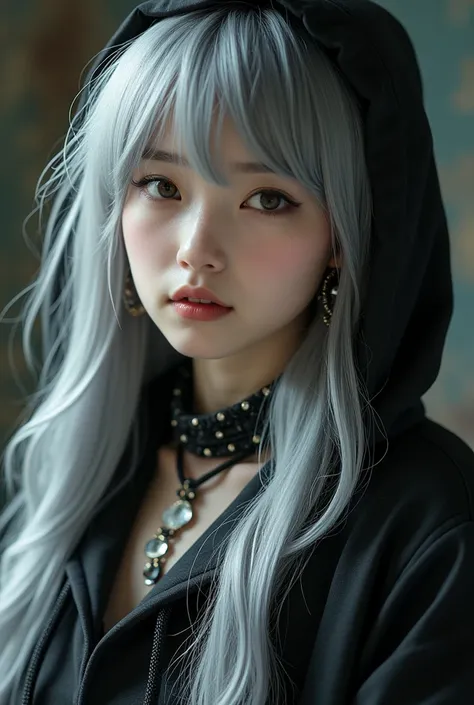 a young japanese girl with long silver twin tails hair, wearing a vintage gothic hoodie, striking a cute and elegant pose with head raised, detailed beautiful eyes, nose, and lips, necklace, rings, bracelets, earrings, best quality, 4k, 8k, highres, master...