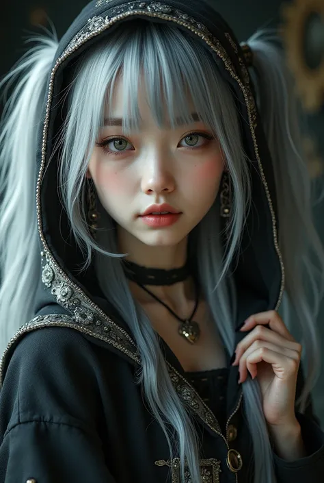 a young japanese girl with long silver twin tails hair, wearing a vintage gothic hoodie, striking a cute and elegant pose with head raised, detailed beautiful eyes, nose, and lips, necklace, rings, bracelets, earrings, best quality, 4k, 8k, highres, master...