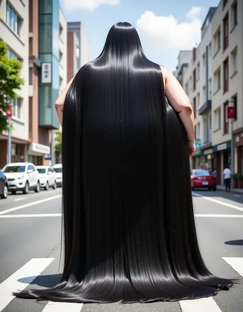 8k,Highest quality, masterpiece, Ultra-high resolution,(masterpiece:1.6, Highest quality), Intricate details, full body, ((from behind:1.5)),top of head, japanese milf, 50 year old,((Absurdly Long hair:1.5)), (( jet Black hair:1.3)), ((A huge amount of bla...