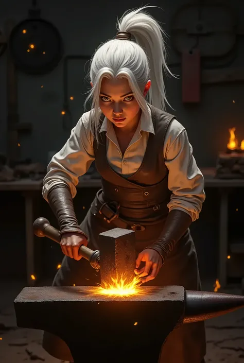 White haired girl with yellow eyes, with hair tied back in a ponytail ,and with special clothes for frogging herros , hitting an anvil with a hammer an iron, the girl is 20 years old, Miranod how the anvil hits 
