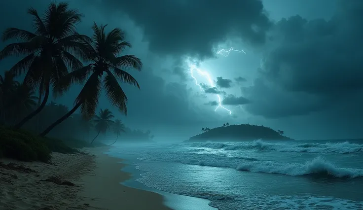 On a remote island, the beach was enveloped in a tense atmosphere that night. The dark sky was filled with thick, rolling clouds, threatening with flashes of lightning that occasionally illuminated the sky. Huge waves crashed violently against the shore, c...