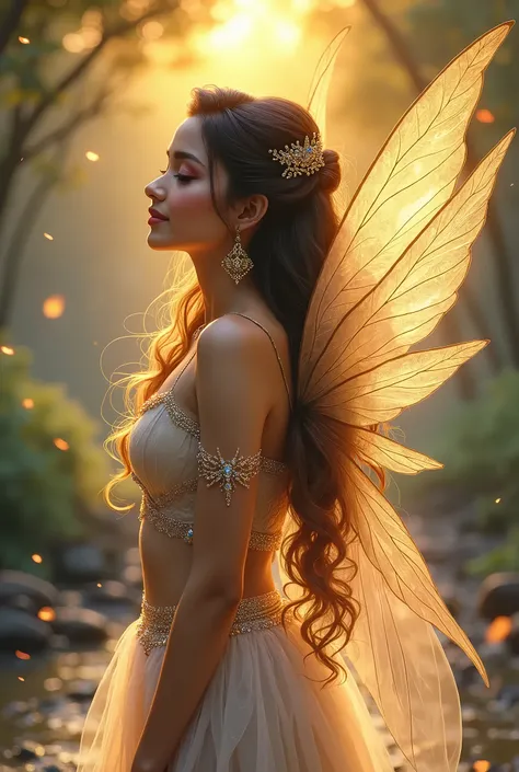 Looks like Nayanthara, (bust shot), of a beautifully drawn ((mysterious fairy)) with ((large, intensely iridescent wings)) that shimmer with the warm glow of a sunset over a forest stream, creating a magical atmosphere. She wears a ((simple, pastel iridesc...