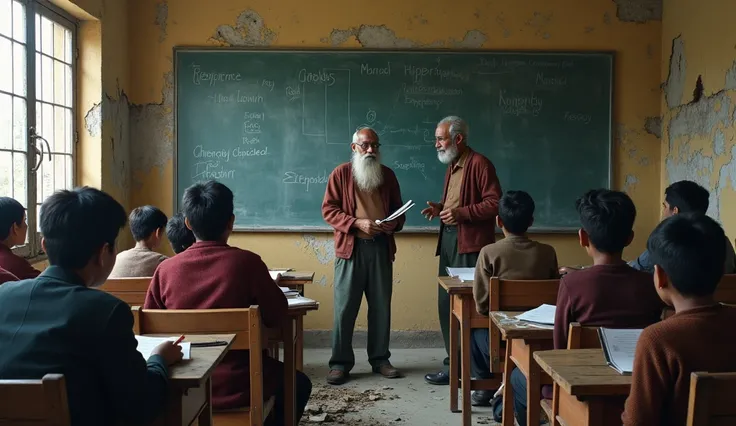 A Nepalese government school in class were wall damaged and old male teachers teaching a  to some of student in class