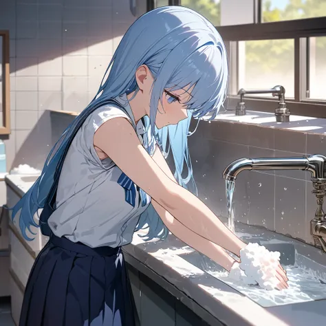 High resolution, 8k, best quality, masterpiece, ultra detailed, anatomically correct, masterpice anime, hentai, foam, 1girl, (wash own hands:1.2), school, water supply, faucet, own hands together