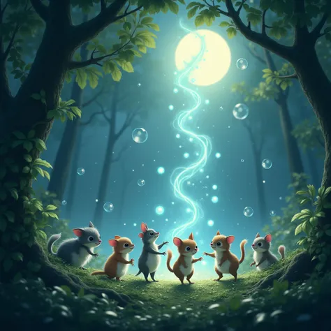 Foam, bubbles, In a mysterious forest, the light foam gently floats among the trees. Moonlight sprinkles mottled light and shadow through the leaves, and small animals in the forest gather together, as if holding a dance of foam. The whole scene is filled ...