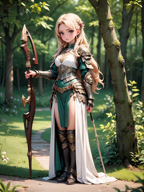 (((masterpiece, best quality, high detailed, 16k))) (1girl) A graceful female archer with delicate features. Her light leather armor is adorned with gentle green accents, and she carries a finely crafted bow. Her serene expression and careful posture sugge...