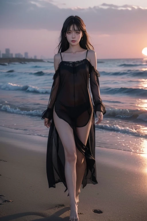 Dark and soft pastel tones, This is very detailed.,()，(Beautiful eyes)，Look at the audience，Good quality, Reflects,(A girl is running on the beach., Long black hair flies, Beautiful sunset sheer nightdress on the beach, A dark dystopian world of the 80s《bl...