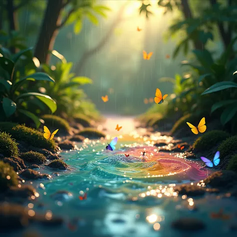 Foam, bubbles, In the deep of tropical rainforest, after a heavy rain, many small puddles formed on the ground. The sun shines through the leaves on the puddles, and colorful foam floats on the water. Butterflies and small insects are flying around the foa...