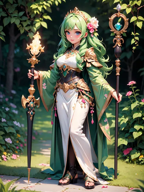 (((masterpiece, best quality, high detailed, 16k))) (1girl) A radiant young woman dressed in light green and floral armor, her hair adorned with blooming flowers. Her outfit is a blend of vines and petals, and she carries a staff that glows with life. Her ...