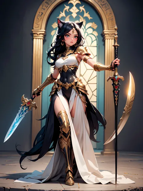 (((masterpiece, best quality, high detailed, 16k))) (1girl) A graceful warrior with feline features, her sleek black hair falling to her shoulders, eyes glowing golden like a cat’s. She wears golden armor with elegant Egyptian motifs, adorned with sharp, c...