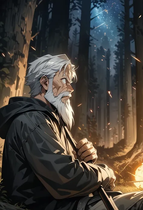 (score up_9, score up_8, score up_7,score up_6,score up_5,score up_4),source_anime, rating_safety,Masterpiece, best quality, hyper detailed, Super fine illustration, 8k,side view,break 1boy,50yo,beard,old,white hair,sharp eyes,black hood,black mantle,cut,b...